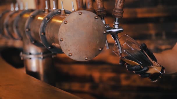Barman Schenkt Een Donker Bier Slow Motion Bier Wordt Gegoten — Stockvideo