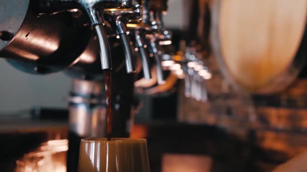 Camarero Termina Verter Una Cerveza Oscura Robusta Cámara Lenta Cerca — Vídeos de Stock