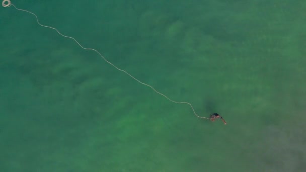 Aerial Top View Fisherman Setting Trap Catching Fish Surface Water — Stock Video