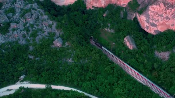 Vista Aérea Trem Entrando Túnel Através Das Rochas — Vídeo de Stock