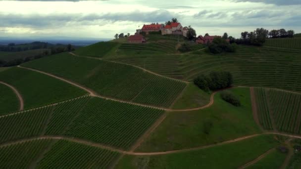 Luchtfoto Van Schloss Staufenberg Een Bewolkte Dag — Stockvideo
