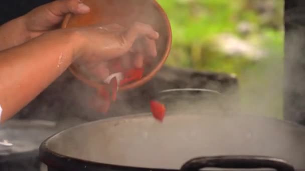 Przygotowanie Gulasz Kuchni Rustykalnej Ogromny Garnek — Wideo stockowe