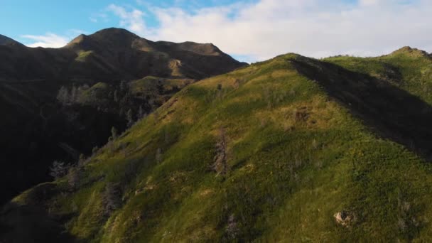 Rondom Een Donkergroene Bergtop Bedekt Met Verwelkte Bomen Droog Gras — Stockvideo