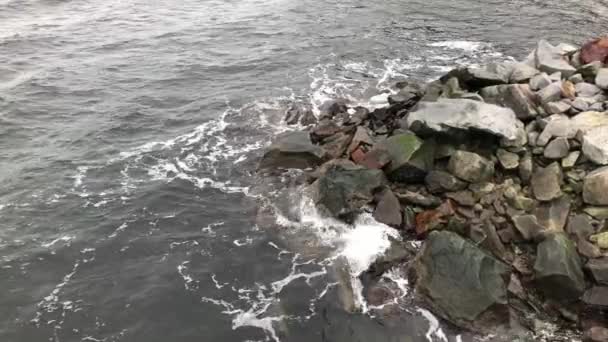 Kıyı Şeridindeki Ana Kayaya Çarpıyor Yavaş Çekim Uzun Çekim — Stok video