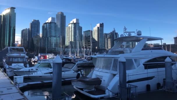 Luxusní Rekreační Jachty Kotvící Zamrzlém Molu Chladného Slunečného Zimního Dne — Stock video