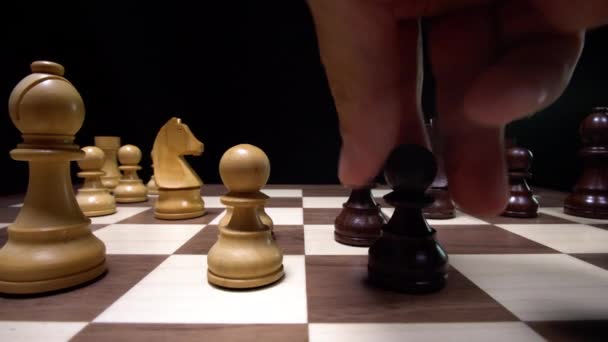 Close Strategic Chess Moves Wooden Tournament Chess Board — Stock Video