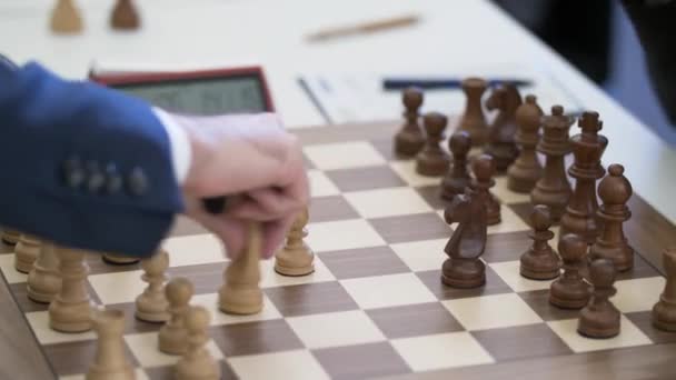 Quick Chess Moves Two Businessmen Wooden Chessboard — Stock Video