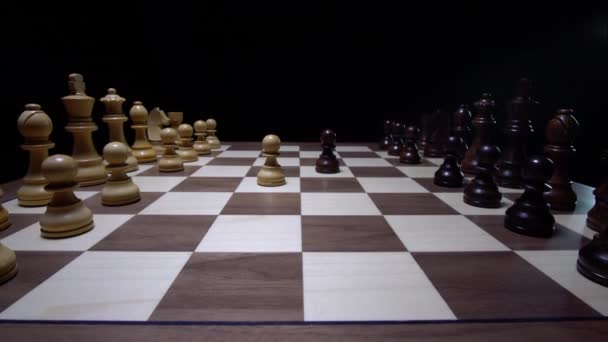 Scandinavian Chess Defense Played Wooden Chess Board Chess Opening Moves — Stock Video