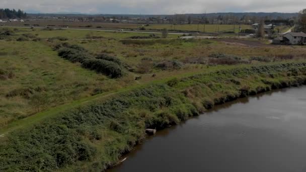 Drone Filmación Cloverdale Hombre Caminando Sendero Dique Telón Fondo Rural — Vídeos de Stock