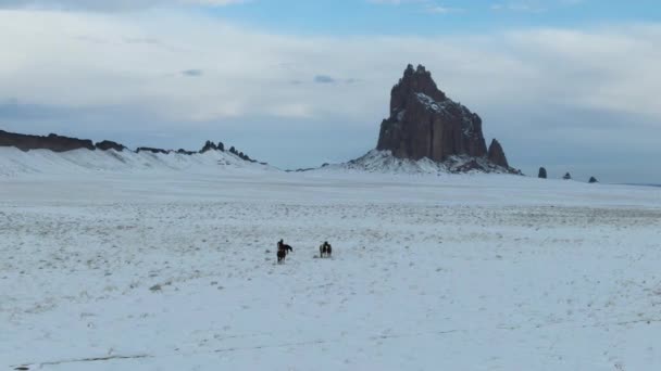 Cavalli Selvatici Pascolo Nella Neve Fronte Alla Formazione Dello Shiprock — Video Stock