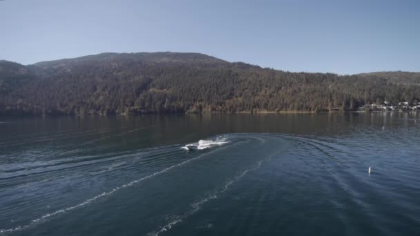 ドローン4K山に囲まれたハマグリ湖での晴れた日にレジャー娯楽を持つレクリエーションスピードボートの映像Cultus Bc州立公園 — ストック動画