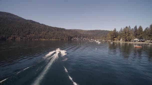 ドローン4K山に囲まれたハマグリ湖での晴れた日にレジャー娯楽を持つレクリエーションスピードボートの映像カヌーブイホーム湖畔海岸線Cultus Park — ストック動画