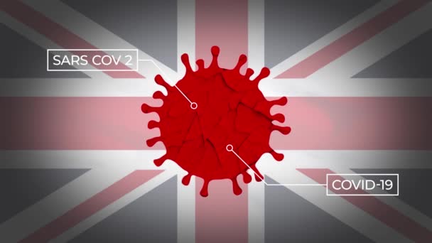 花冠病毒细胞旋转与英国国旗为背景 Covid 19粒子2D动画 60Ff — 图库视频影像