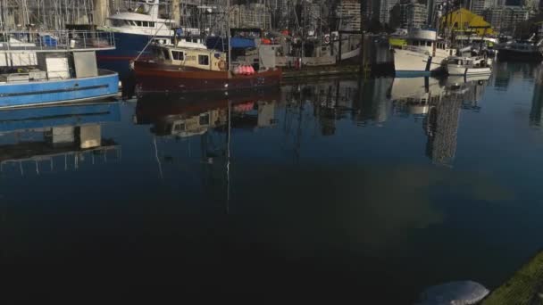 渔船停泊在海滨城市的高楼大厦前 在水面上倒映着蓝色的天空 把渔民码头映入眼帘 — 图库视频影像