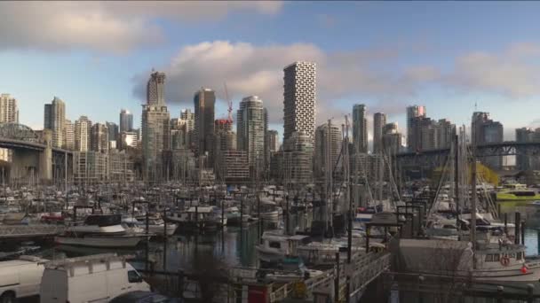 Fisherman Wharf Marina Small Boats Docked Anchored Waterfront Cityscape High — Stock Video