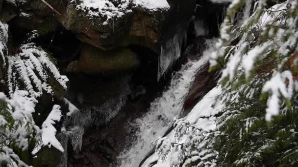 Вода Стискається Над Невеликим Водоспадом Між Сірими Скелями Сніжинки Кружляють — стокове відео