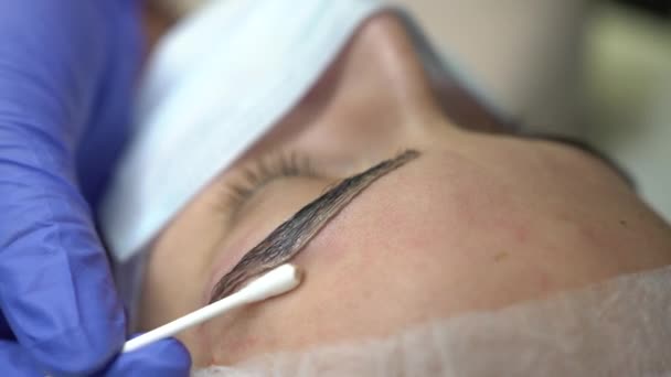 Makeup Artist Applies Paint Previously Plucked Design Trimmed Eyebrows Beauty — Stock Video