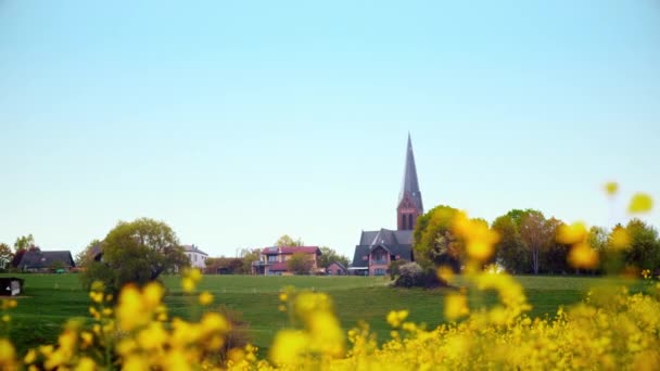 Tysk Liten Med Liten Kyrka Ett Par Gula Rapsfrön Förgrunden — Stockvideo