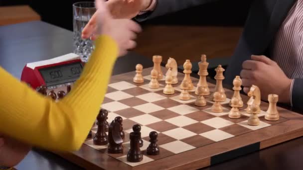 Handshake Man Woman Tournament Chess Game Static Closeup — Stock Video