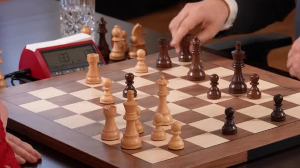 Two Professionals Chess Game Play Match Moving Pieces Fast — Stock Video