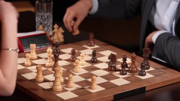 Closeup Wooden Chessboard Chess Match Man Woman — Stock Video