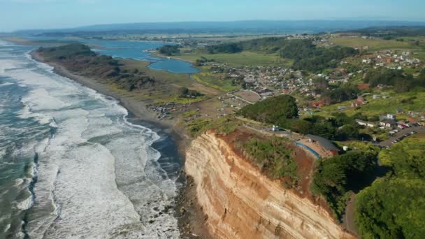 Krajobraz Lotniczy Linią Brzegową Puerto Saavedra Araucania Chile Jasny Słoneczny — Wideo stockowe