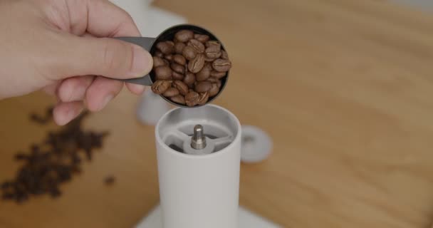 Het Portioneren Van Ongeslepen Koffiebonen Handmolen Met Een Koffiebonen Primeur — Stockvideo