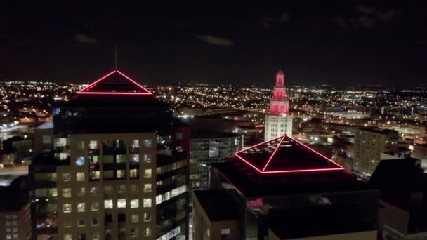 Downtown Buffalo New York Night Aerial Shiny Glass Buildings Snowy — Stock Video