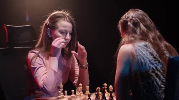 Difficult Decision Match Chess Game Two Female Players — Stock Video