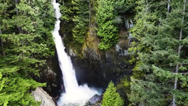 カナダ ブリティッシュコロンビア州の銀の滝の空中プルバックショット — ストック動画