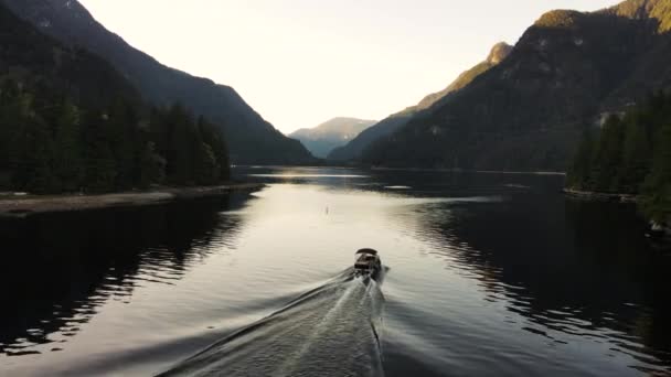 Drone Shot Boat Indian Arm Inlet Ocean British Columbia Canada — Video