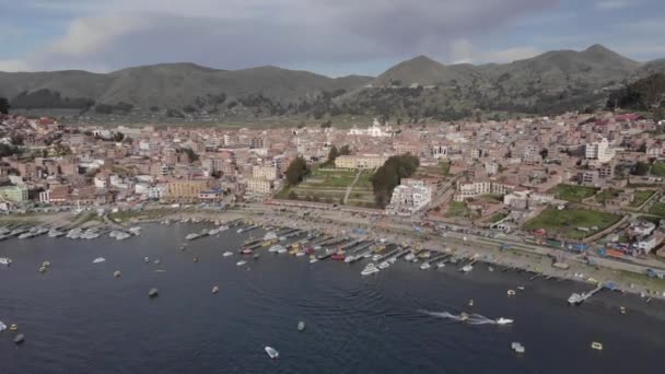 Kleurrijke Jachthaven Titicaca Het Hoge Andes Meer Stad Copacabana Bolivia — Stockvideo