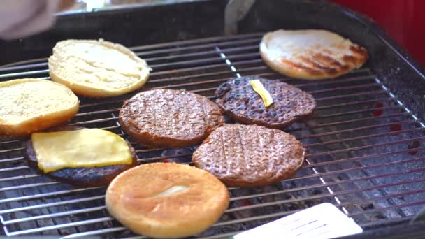 Patty Kaas Grill Doen Close Van Rundvlees Pasteitjes Grill Met — Stockvideo