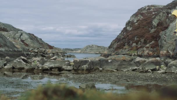 Kvinna Gul Regnrock Promenader Över Naturen Stenbro — Stockvideo