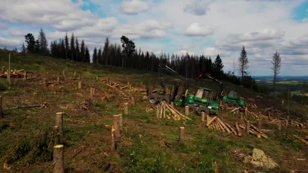 伐採後の森林の伐採中に前進する 伐採現場からの森のフォワーダー輸送丸木や原木のアリアルビュー 伐採機械及び木材設備 — ストック動画