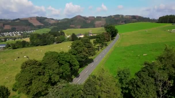 Captura Dron Cinematográfico Carretera Coche Que Mueve Carretera Del Campo — Vídeos de Stock