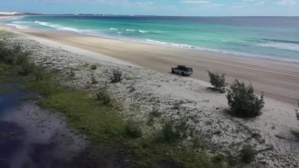 Aérea Orbita Lentamente Camión Conducción Extensa Playa Arena Australiana — Vídeo de stock