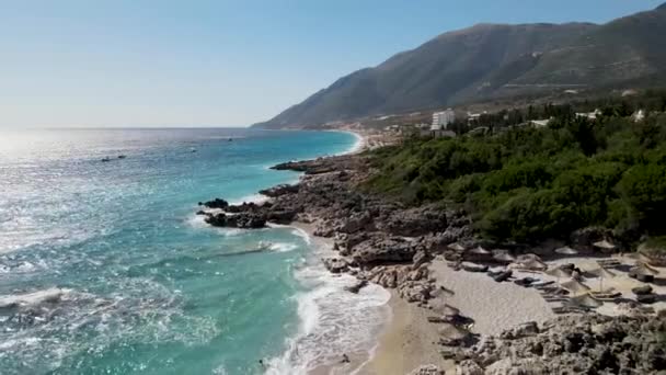 Aerial View Tropical White Sand Beach Turquoise Clear Sea Water — Stock videók