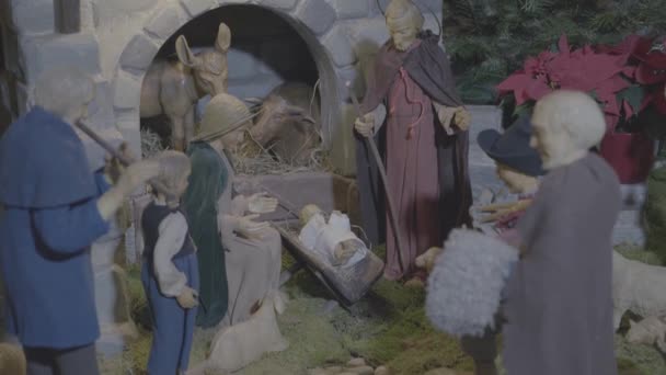 Zicht Stal Een Kerststal Het Christuskind Ligt Tussen Zijn Ouders — Stockvideo