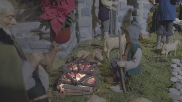 两个牧羊人和他们的羊群在篝火边取暖 在一个耶稣降生的场景中 — 图库视频影像