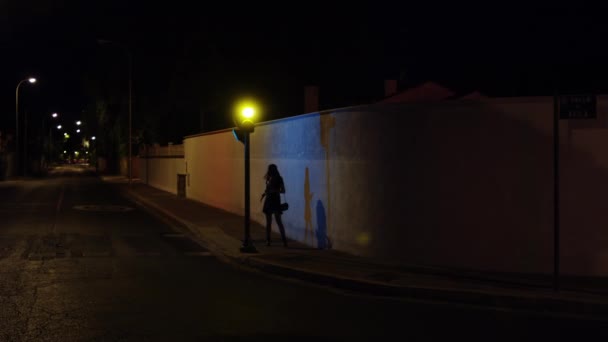 一个人在黑暗的夜晚走在黑暗的街道上 害怕的年轻女人回头看 — 图库视频影像