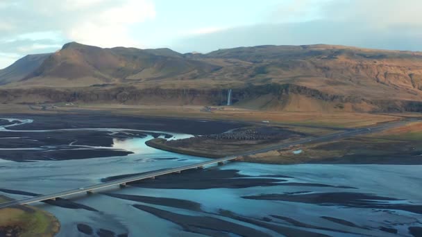 Panoramic View Seljalands River Seljalandsfoss Cascade Thorsmork Area Aerial Shot — Stock Video