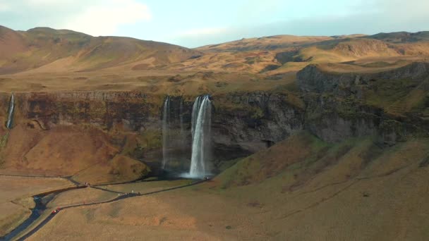 Вид Воздуха Водопад Seljalandsfoss Исландии Куколка Крупном План Дрона Знаменитый — стоковое видео