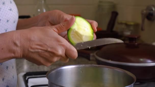 女性の手を保持し キッチンで新鮮な緑の夏のスカッシュを切断 閉めて — ストック動画