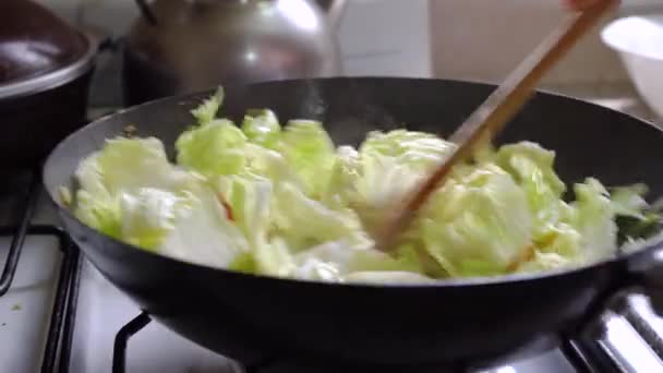 Remover Freír Hakusai Fresco Con Otras Verduras Wok Cerca — Vídeos de Stock