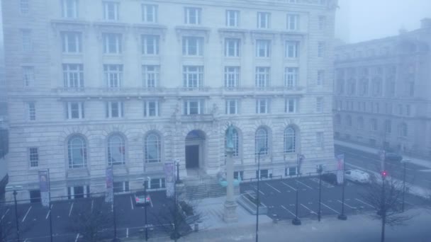 Thick Dense Ghostly Fog Cover Liverpool City Aerial View Surreal — Stock Video