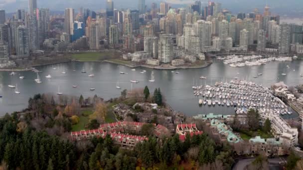 位于加拿大不列颠哥伦比亚省城市温哥华天际线的希瑟公民码头的船坞 空中倾斜 — 图库视频影像