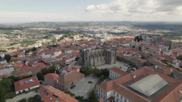 Aerial Half Orbit Guarda Downtown Majestic Ancient Cathedral Portuguese Cityscape — Stock Video