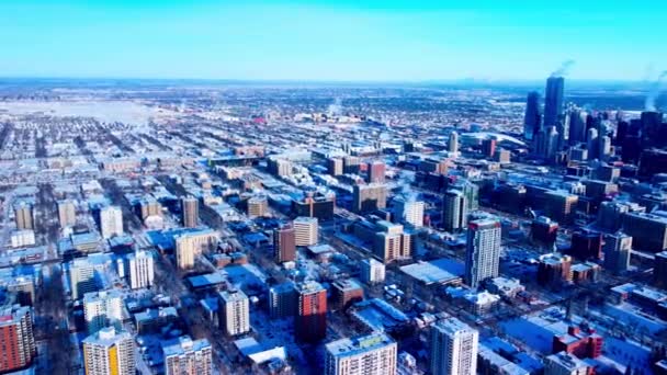 Winter Aerial Sunny Massive Altitudes Flyover Downtown Edmonton Canada West — Vídeos de Stock