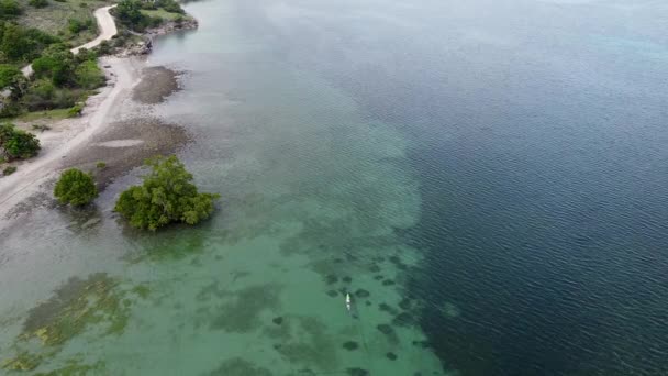 マングローブの生態系 透明なターコイズブルーの水 牧歌的な遠隔熱帯の島の楽園にある小さな伝統的な釣りカヌーボート — ストック動画